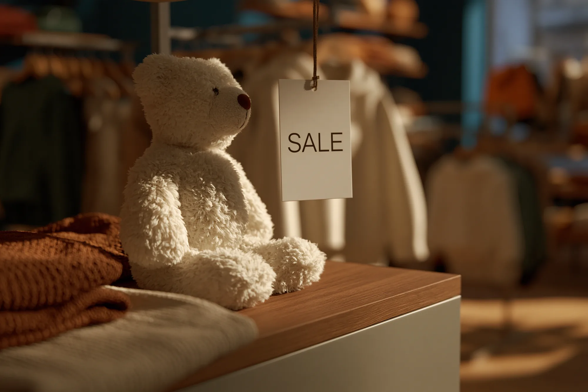 A sale tag hanging from a soft toy on a store shelf