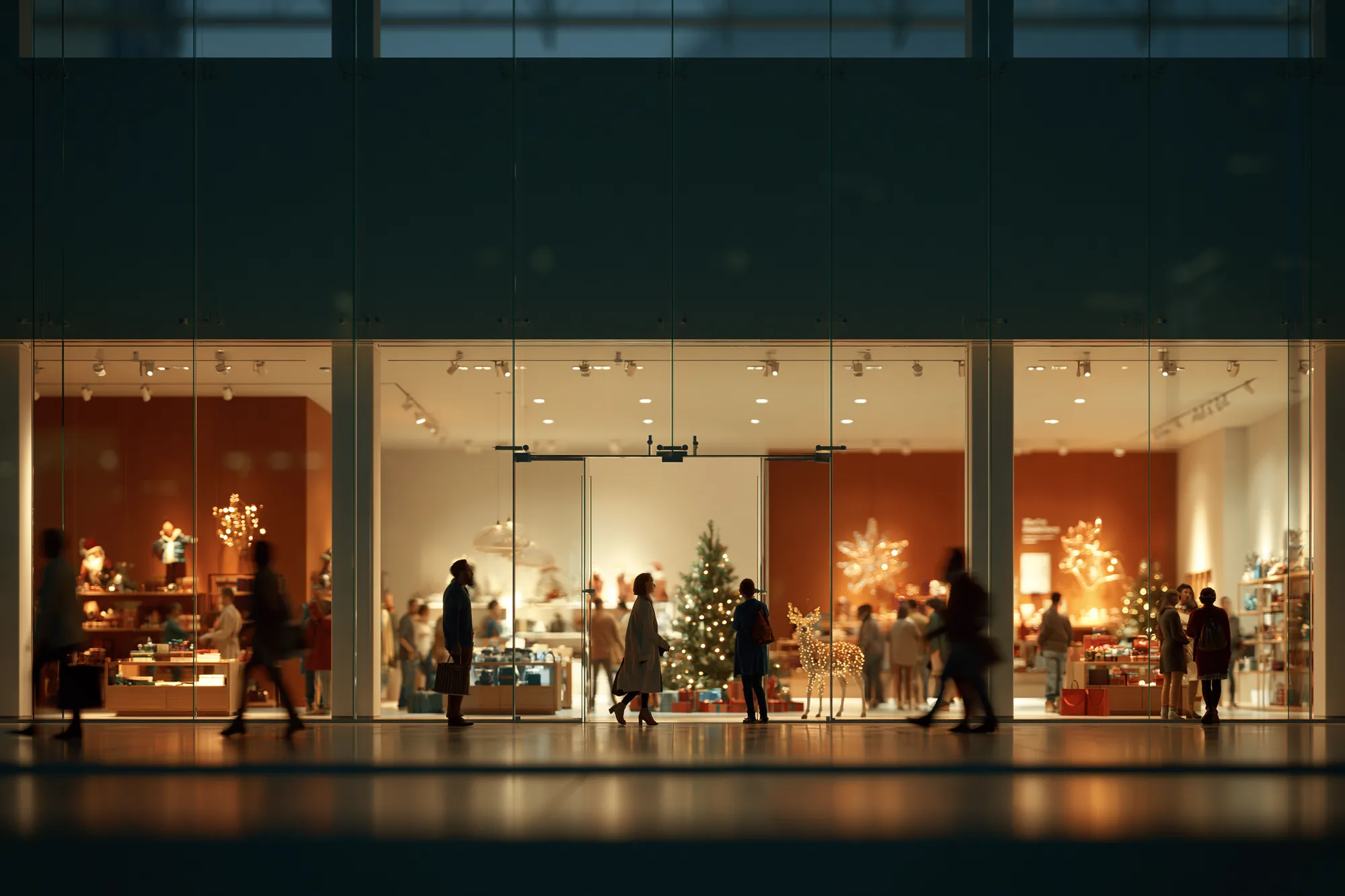 A lit shopfront inside a mall, decorated for the holidays