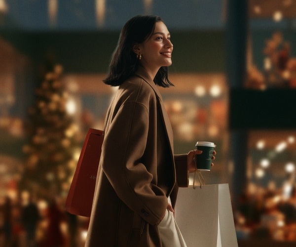 A shopper with bags and a coffee outside lit holiday store windows
